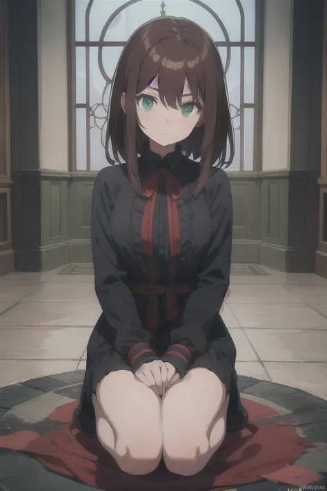 a beautiful innocent breton woman wearing a ragged roughspun tunic with her wrists bound, kind scared green eyes, short messy dark auburn hair, kneeling in front of an evil cult's bloody alter, high detail, masterpiece, sharp contrast