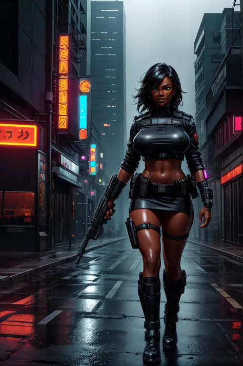 ebony skin, black skin, dark skin, pantyshot, skirt, underboob, police woman, high quality, detailed, photorealistic, 8K, professional, ultra-fine detail, physically-based rendering, sharp focus, HDR, vivid colors, dramatic lighting, moody atmosphere, neon...