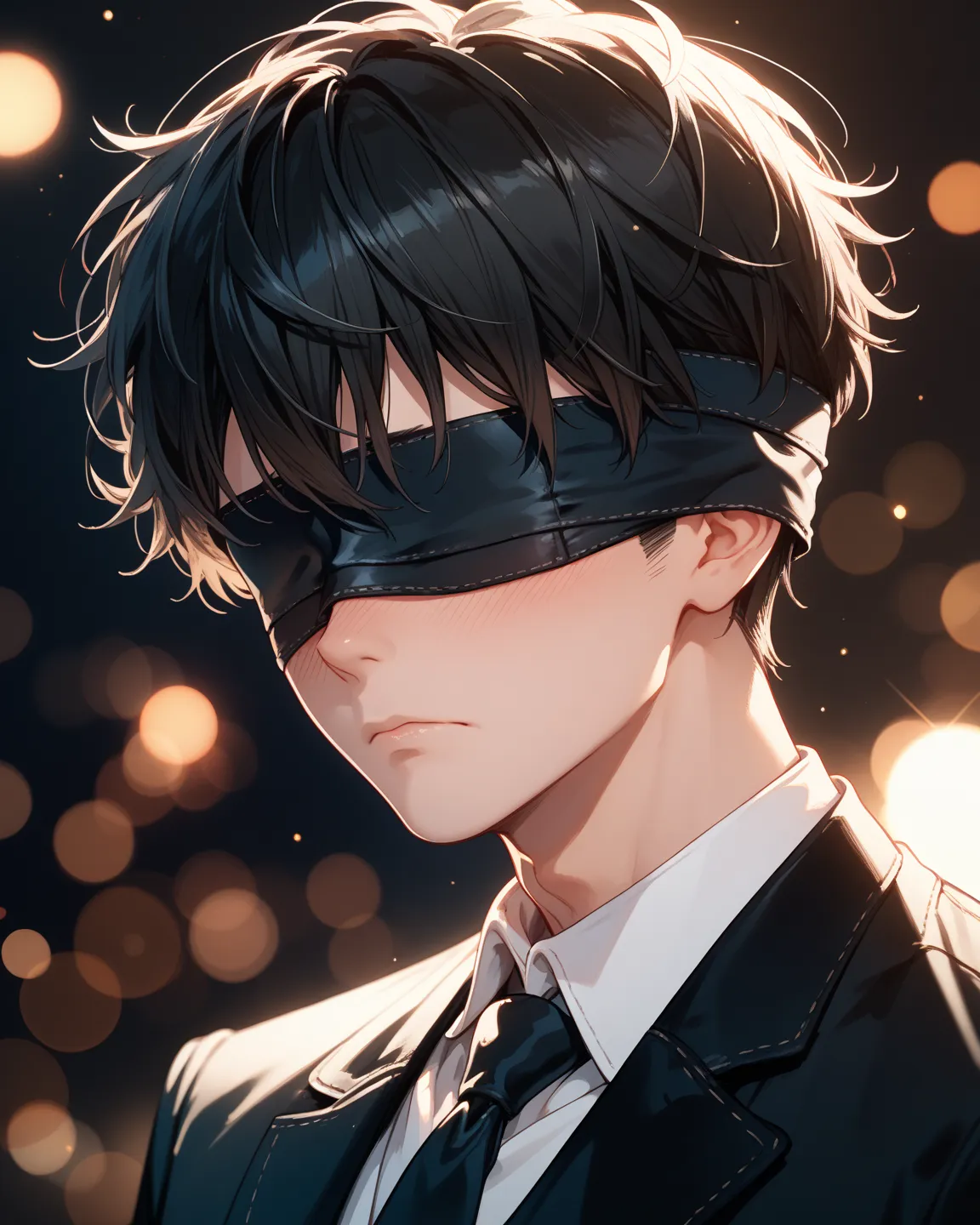 1 boy, solo,  black hair, Bangs in front of my eyes,  longer hair,  blindfold, Yorha Troop Uniforms, NieR:Automata, blush, professional, Bokeh, Mysterious Atmosphere,  sad face