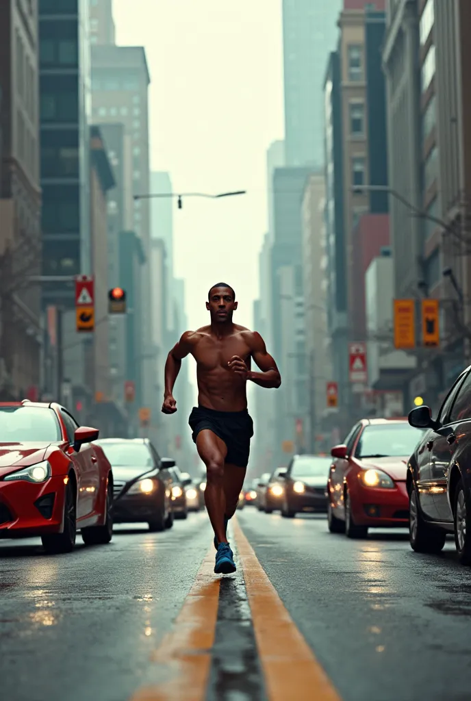 Create an image with a height of 1080 x 3240 in width, fondo blanco; of a runner running on a road with a lot of traffic and reckless drivers 