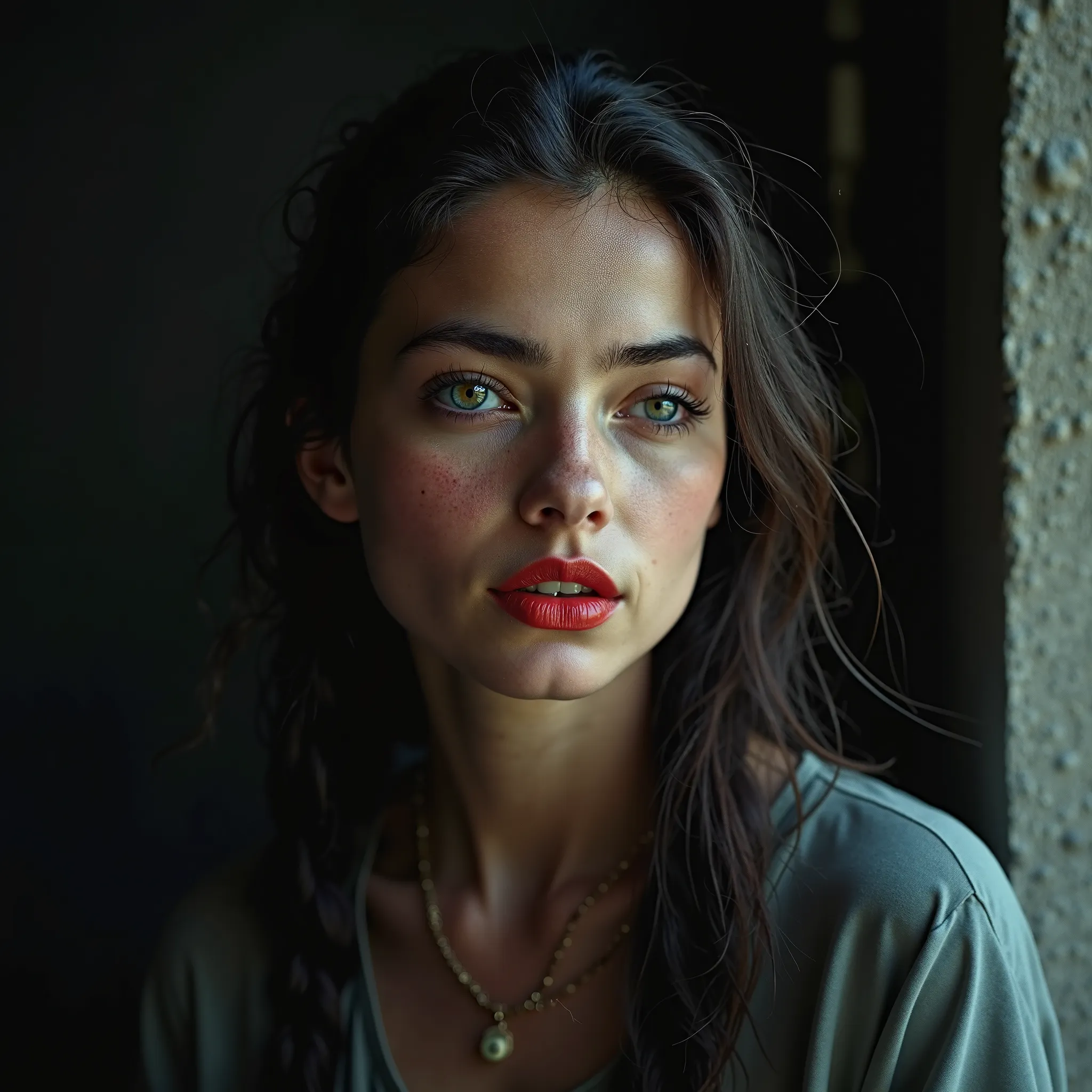 (close-up, professional photograph of a 18-year old woman), (highly detailed face:1.4) (smile:0.7) (background inside dark, moody, private study:1.3) POV, by lee jeffries, nikon d850, film stock photograph ,4 kodak portra 400 ,camera f1.6 lens ,rich colors...