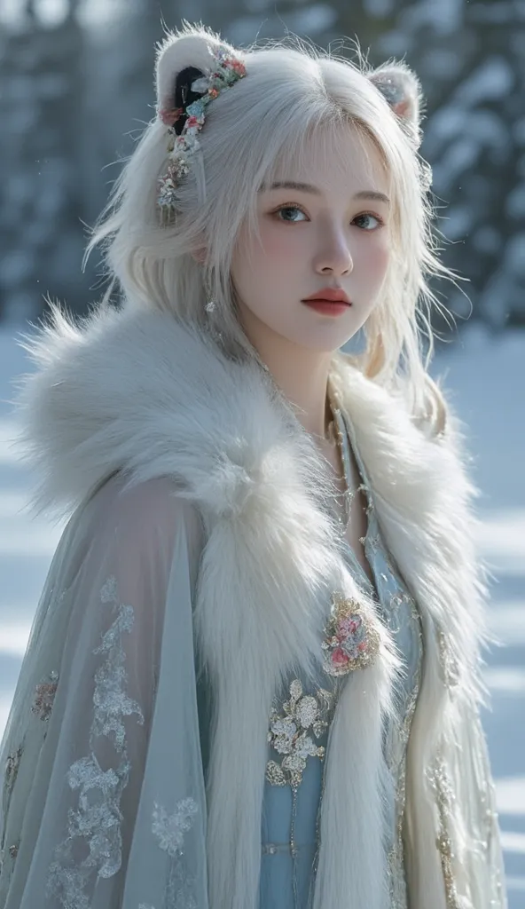 The image depicts a person dressed in elaborate costumes, inspired by fantasy. The costume was decorated with motifs such as snow leopard fur with clear black dot details and an elaborate snow leopard pattern, gives an elegant look . The person wore a cape...