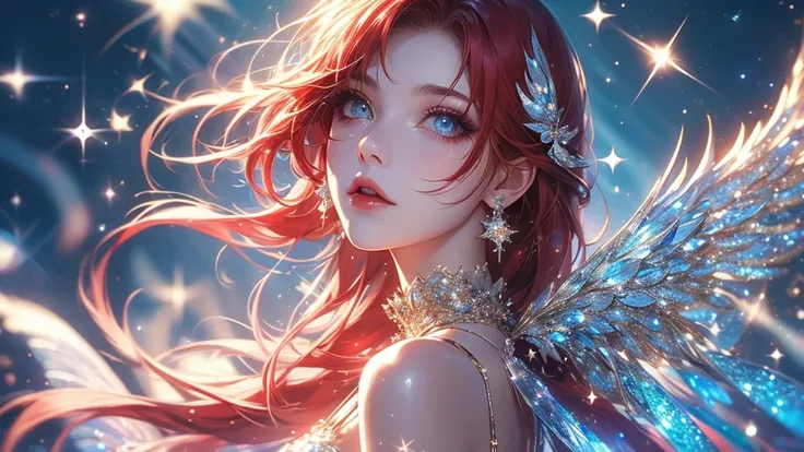 1girl, solo, red_hair,blue eyes, jewelry, glitter, earrings, looking_at_viewer, wings, long_hair, from_side, sparkle
