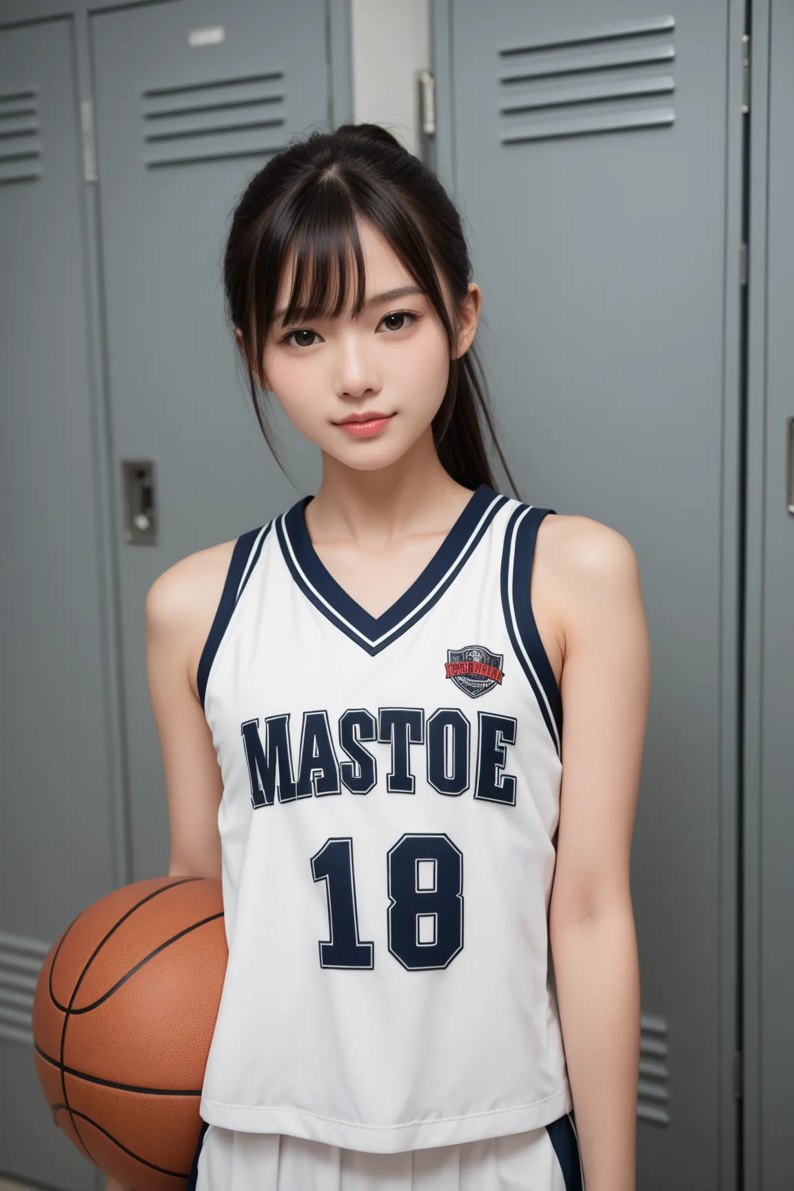 score_9, score_8_up, score_7_up, score_6_up, score_5_up, score_4_up, 8K, masterpiece, best quality, ultra detailed, RAW photo, realistic, professional lighting, 1 Japanese girl, middle school student,black ponytail hair, bangs, flat chest, basketball unifo...