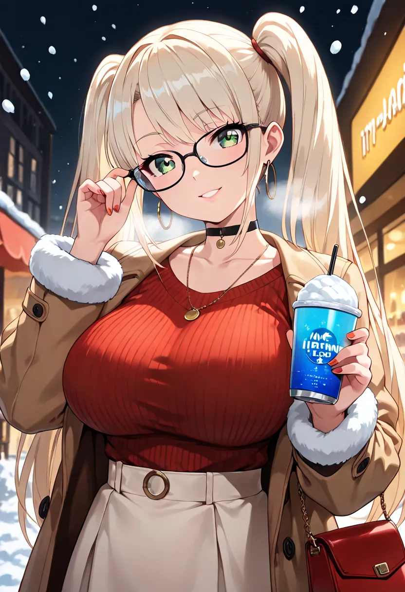 portrait on bamboo shoots,   cute girls, alone,  model,  I'm wearing a turtle knit or oversized sweater (fashionable， blond hair mixed with gray hair ，  ) ，warm gradation， blond hair with white tips ， She's drinking colorful drinks around her(ホットdrink ) dr...