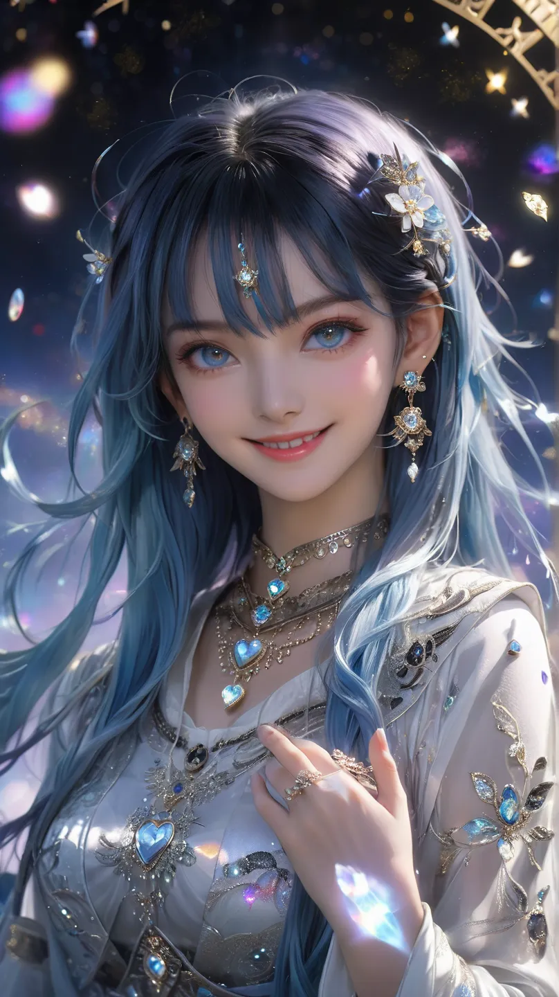 masterpiece, top quality, high detail,  beautiful and delicate eyes and face , Brilliant Color:1.3), Female fortune teller, smiling sweetly, Eye color is black, your hair is down, wearing a gorgeous hair ornament,　There is a magic circle in the background,...