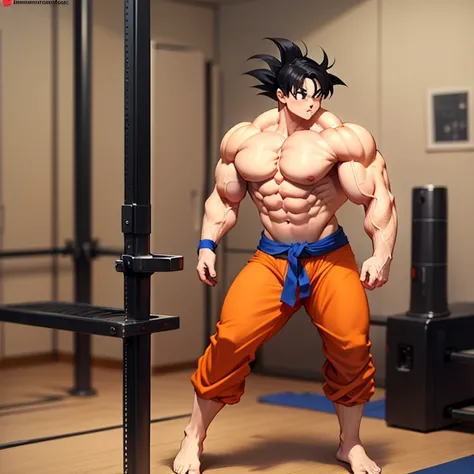 ( A detailed drawing of goku , Gymnastik room fighting .), With a naked torso, red fundoshi , huge muscular body, shredderd Body, big Bizeps, big shoulders, Muscle legs,abs, Barefoot,auf einer Matte in der  Turnhalle, high step, Full body image, side chest...