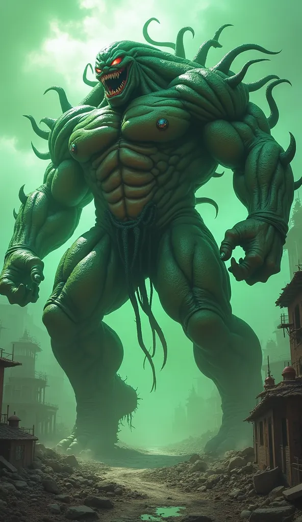 A monstrous hybrid of Majin Buu and Venom looms over the ruined remains of the once-thriving green city. Its hulking, sinewy body pulses with dark energy, a nightmarish fusion of Buu’s smooth, rubbery flesh and Venom’s sharp, shifting symbiote form. Glowin...