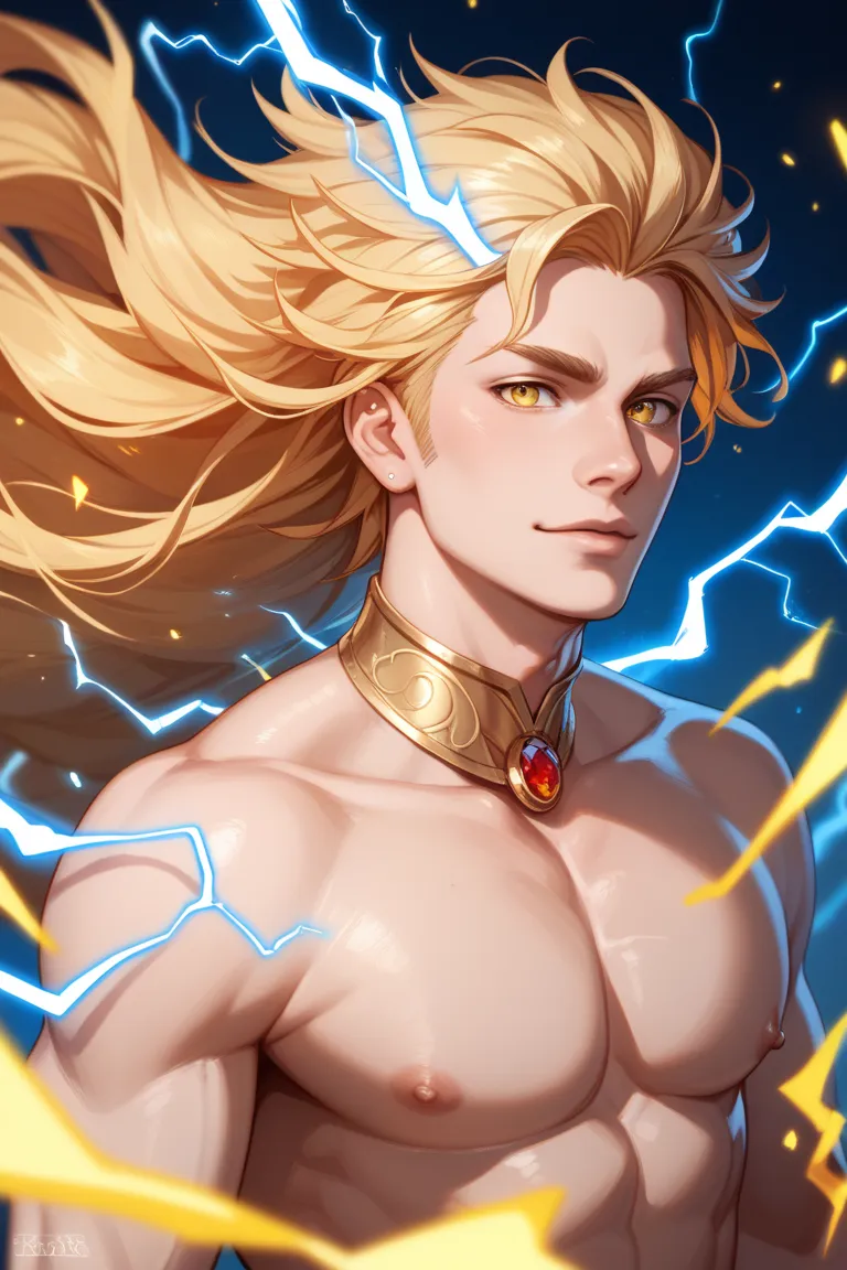 A male humanoid figure composed entirely of bright yellow electrical energy, with long flowing hair made of crackling electricity. The figure appears agile and ethereal, with arcs of electricity extending from its limbs. Its form pulsates with power, givin...