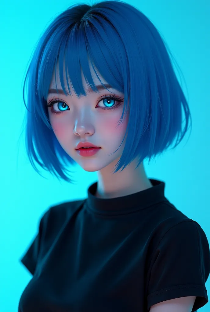 Make the face of a Japanese girl with blue hair with a Chanel cut, dressed with a black t-shirt attached to his body, do her with a half smile on her face, Her eyes shining in neon blue. 