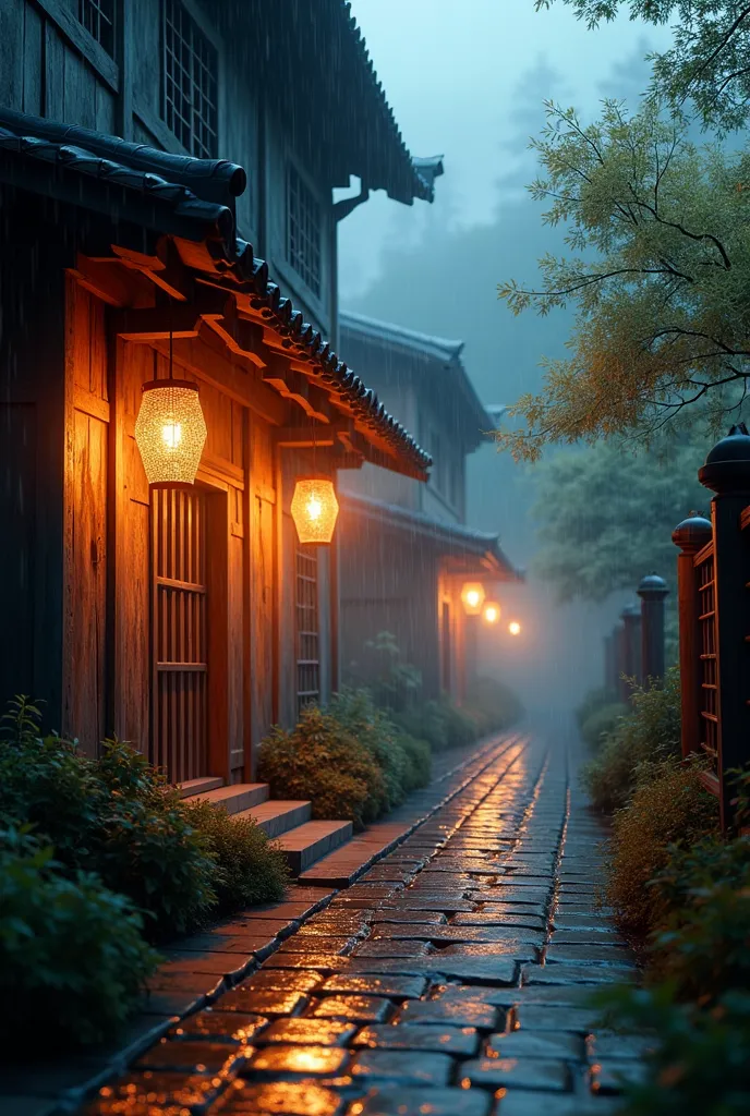 In the heart of an ancient wooden house, red lanterns hang from the eaves, casting a warm, gentle light that bathes the surroundings in a soft, amber glow. Delicate raindrops slide down the edges of the weathered roof, forming shimmering chains of water dr...