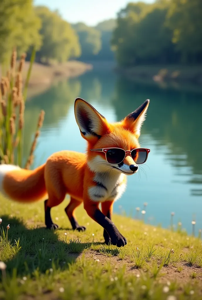 A fox walking by the river side wearing a sunglass 