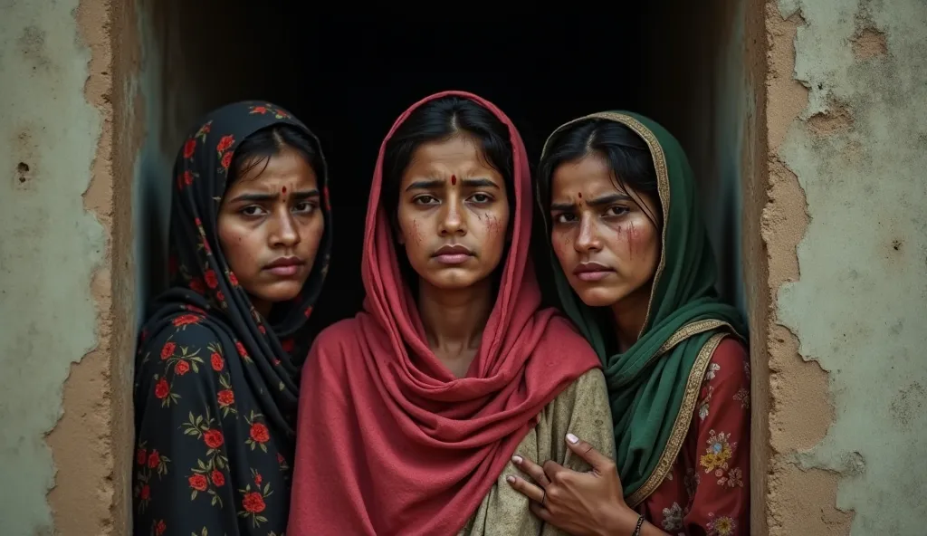 A Pakistani village, mud houses, three women in prisons of jail, they sad and crying.