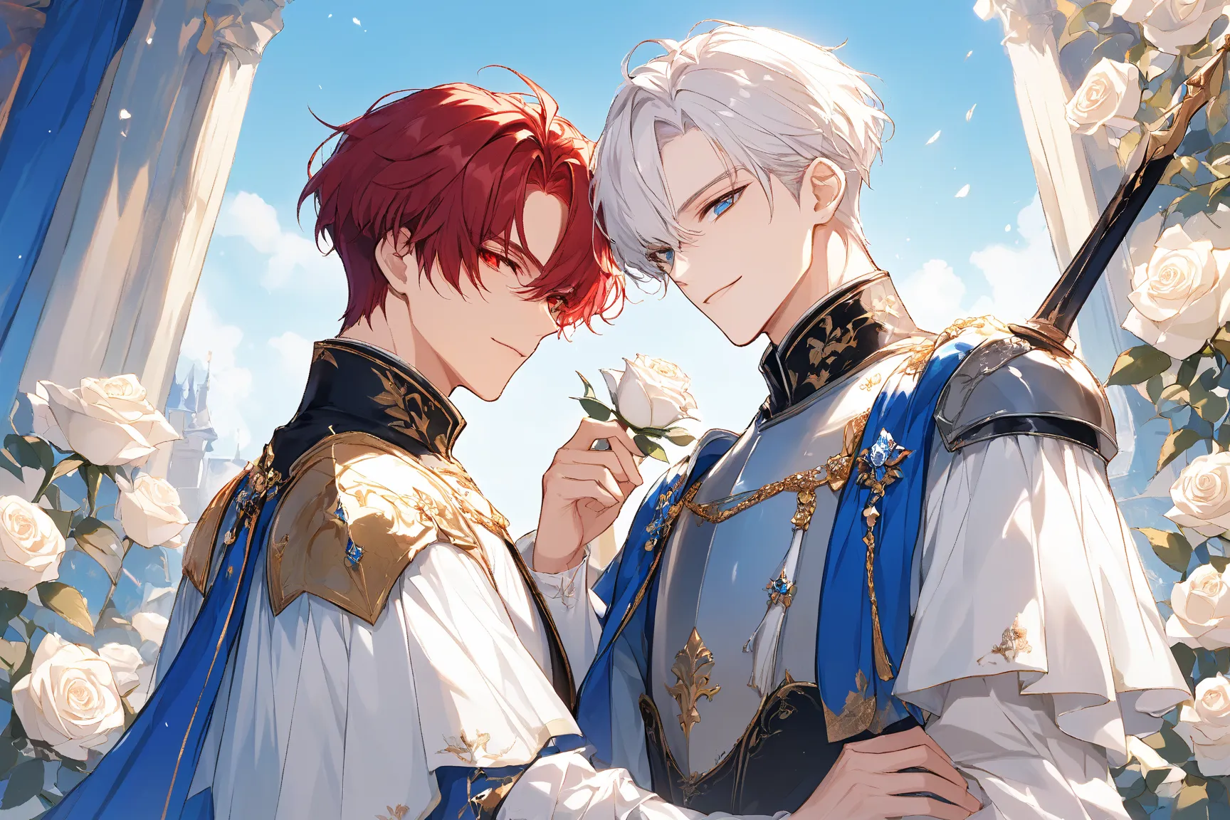 The young Prince,and a man,bl couple,handsome, man vibe,short hair,red eye,red hair,knight warrior,
Prince was soft smile, white hair,blue eye,royal clothing, white rose,in the place,  Pillarboxed, Dutch Angle, 