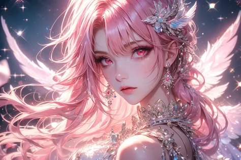 1girl, solo, pink_hair,red eyes, jewelry, glitter, earrings, looking_at_viewer, wings, long_hair, from_side, sparkle