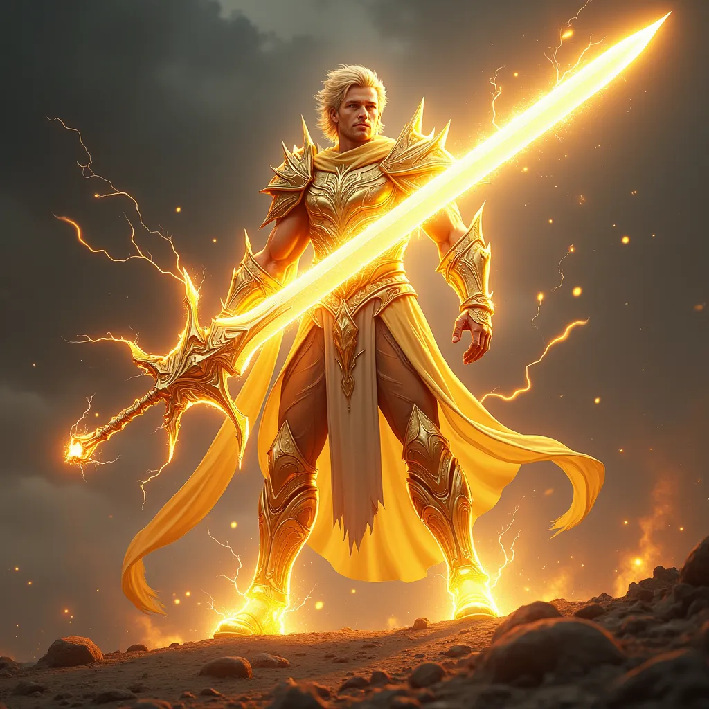 Weapon: The Celestial Blade "Judgment" – A massive radiant greatsword, forged from pure light, crackling with arcs of holy lightning. The blade hums with divine resonance, and with every swing, it leaves behind a trail of golden fire and thunderous energy....