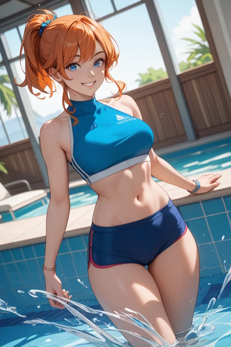 masterpiece、 of best quality、8k、dutch angle、  1 woman、 orange hair、 short ponytail 、 Pool side、 blue top 、blue boxer briefs、 smile、 Splashes 、  navel 、 thighs