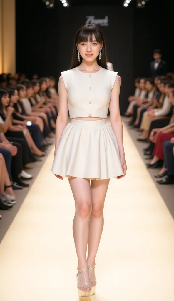 

"A stunning strong japanese model with porcelain white skin walks down the runway wearing a white cropped,  and a short white skirt , wearing transparent platform very high heels, creating a heavenly visual .  Her long, light brown hair is stright and wi...