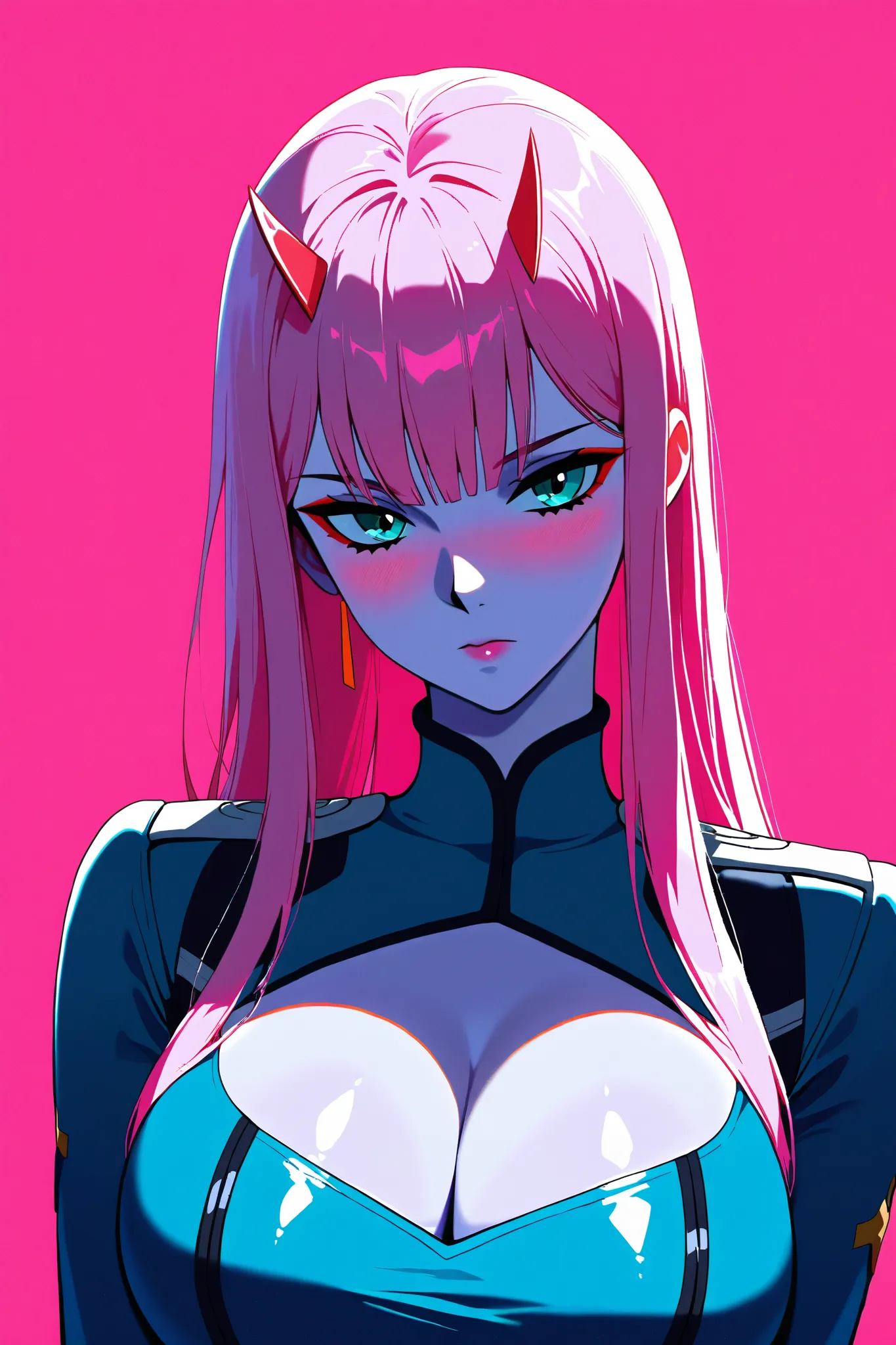 Kizi girl，Highly detailed, Amazing work，Vitreous luster,((clean backdrop))，In gold，(((pink colors))), teal colors, silver theme, Best quality at best，clean backdrop, shiny skin, zero two from darling in the franxx, slender, huge breasts, cleavage, sexy, he...