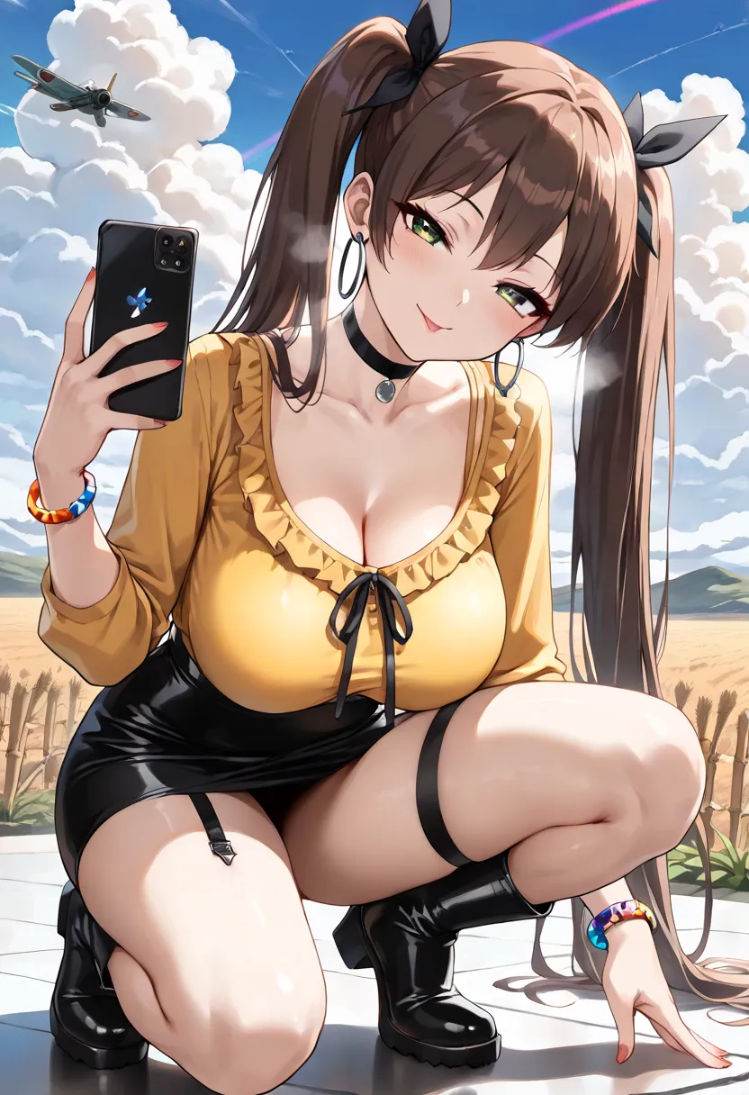 portrait on bamboo shoots,   cute girls, alone,  model，see-throughトップス[[  tight]]，short skirt[[skirt pattern is random]]，thin dark yellow shirt with collar， frill，see-through，ribbons， Long Sleeve，Round Bust ,  garter leg wrap,  boots，long hair((Twin Tails)...