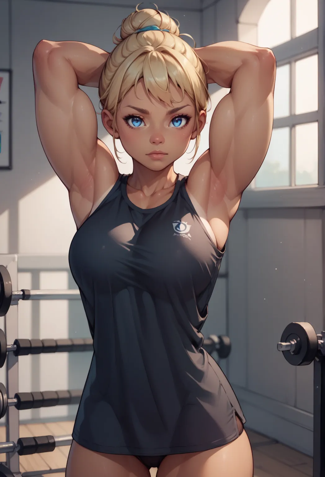 score_9, score_8_up, score_7_up, girl,young, tan, blonde hair, blue eyes, hair bun, large breasts, tight black tunic, black panties, exposed shoulders, arms raised,showing off biceps, hair armpit, flexing, arms spread wide, straight arms, hand behind her b...