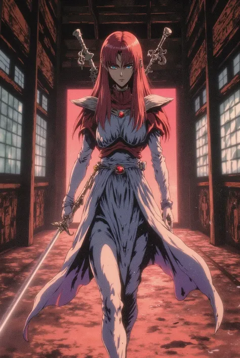 a red-haired woman, in a white and red ninja outfit, in a Japanese temple