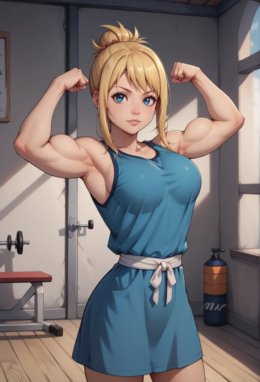 score_9, score_8_up, score_7_up, girl, lucy heartfilia, young, tan, blonde hair, blue eyes, hair bun, large breasts, tight black tunic, black panties, exposed shoulders, arms raised,showing off biceps, hair armpit, flexing, arms spread wide, straight arms,...