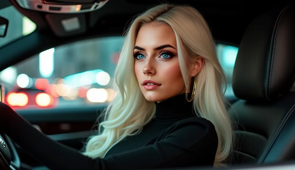 A beautiful Instagram model with long white hair and green eyes, sitting in a luxury car, taking a selfie from the passenger seat, wearing a tight black turtleneck, gold hoops, slick hair, serious gaze, city lights reflecting in the car window, mysterious,...