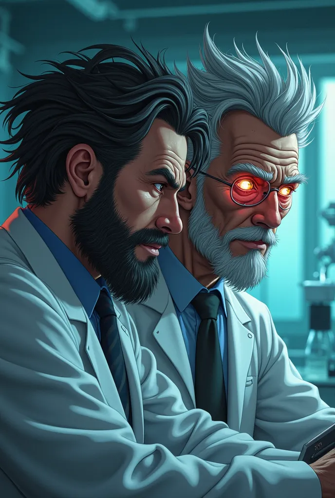 A forty anime man and a crazy scientist, but his eyes are beautiful, shiny, attractive and colorful, his hair is very masculine and he wears white scientist clothes