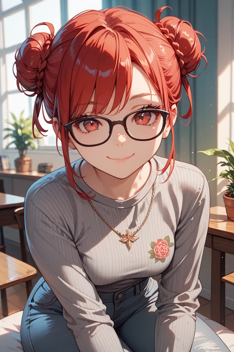 1girl,red hair,red eyes,gray shirt,gray jeans,bun with hair base, glasses,closed mouth,closed,smile face 