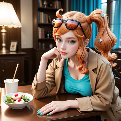 score_9, Sonia, side ponytail, aqua eyes, eyewear on head, black framed sunglasses, heart hair ornament, aqua crop top, underboob showing, brown coat, nail polish, aqua nails, behind a table, bent over, breasts resting on table, front view, dining table wi...