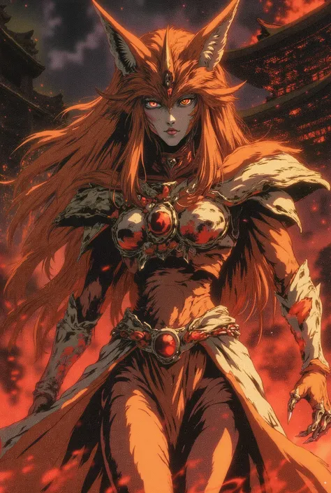 a woman, orange fox face, orange and white symbiotic armor, sharp claws, nine tails, a burning Japanese temple