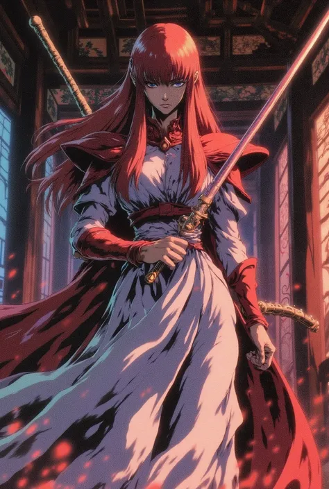 a red-haired woman, in a white and red ninja outfit, in a Japanese temple