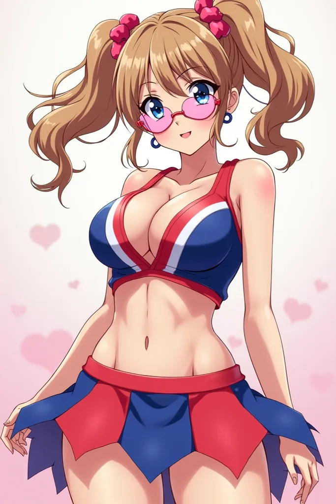 akane nanao "luvia" (akane wa tsumare somerareru), light brown hair, medium hair, twintails, hair scrunchies, wavy hair, earrings, heart shaped glasses, pink tinted glassed, eyewear on head, blue eyes, huge breasts, wide hips, thick thighs, red and blue ch...