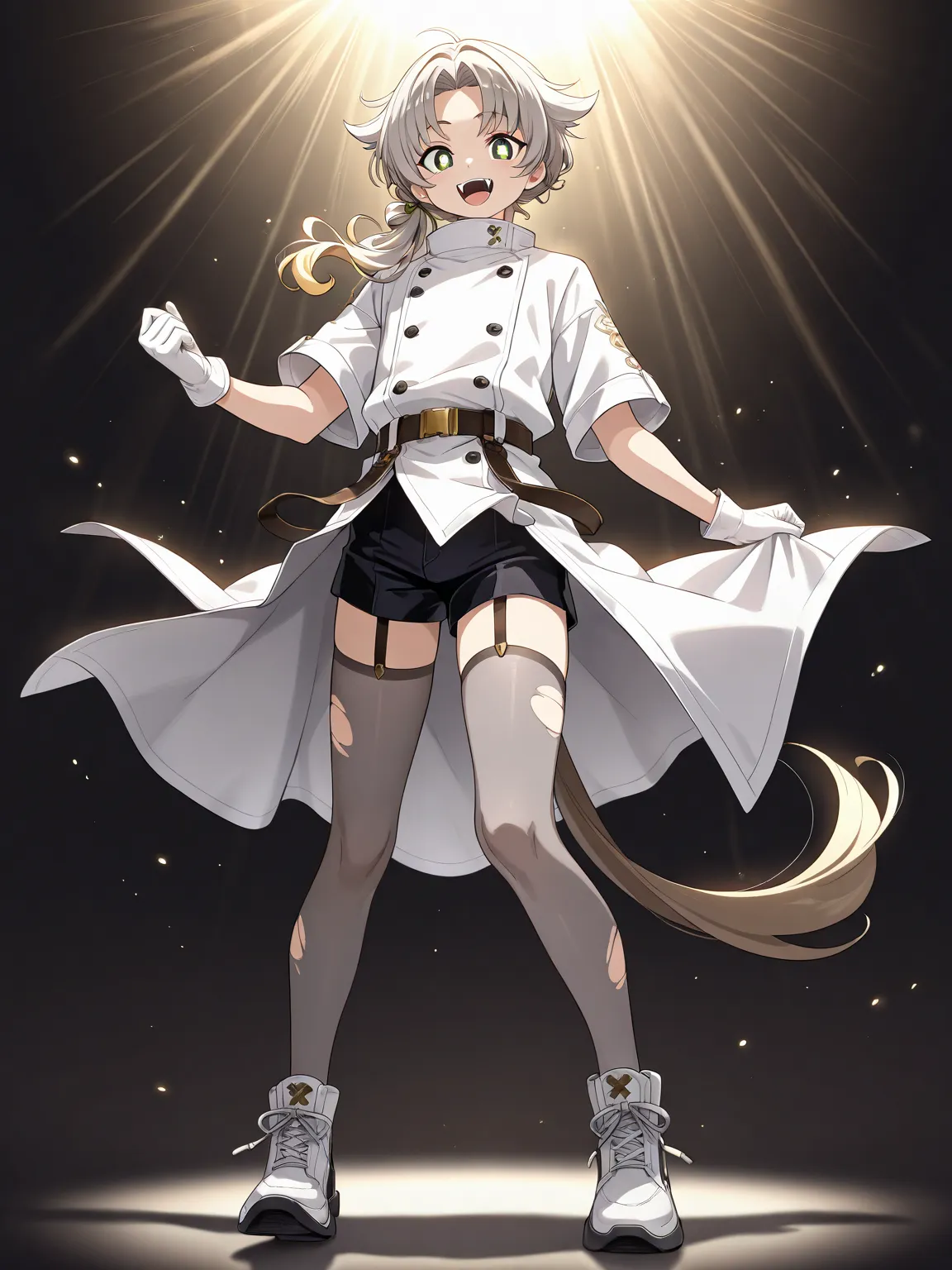 1 guy, solo, fangs, X-shaped pupils, green eyes, Side tail, Parted bangs, side bangs,  Natural curls , Hair Flaps, Asymmetric hairstyle, brown hair, blond hair, grey hair, silver hair, white cook coat, Belts on the waist, short sleeves, High gloves , short...