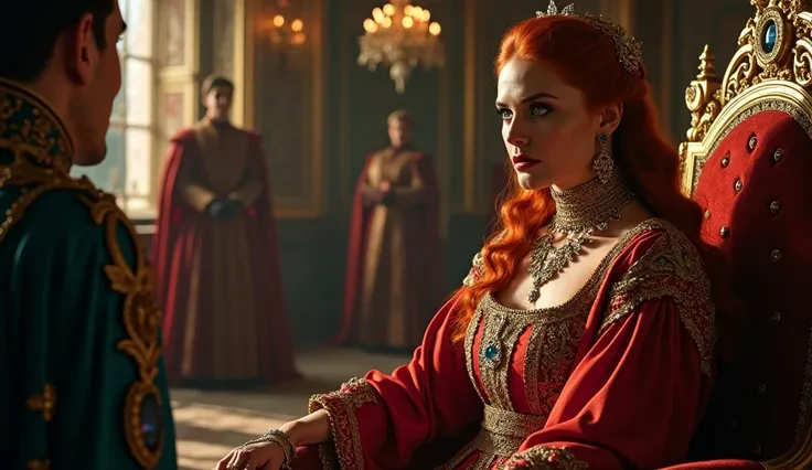 A hyperrealistic and cinematic scene set in the Ottoman Empire of the 1500s. Roxelana, with her striking red hair cascading down her shoulders and piercing green eyes, sits regally on her opulent throne, adorned in richly embroidered imperial robes with go...