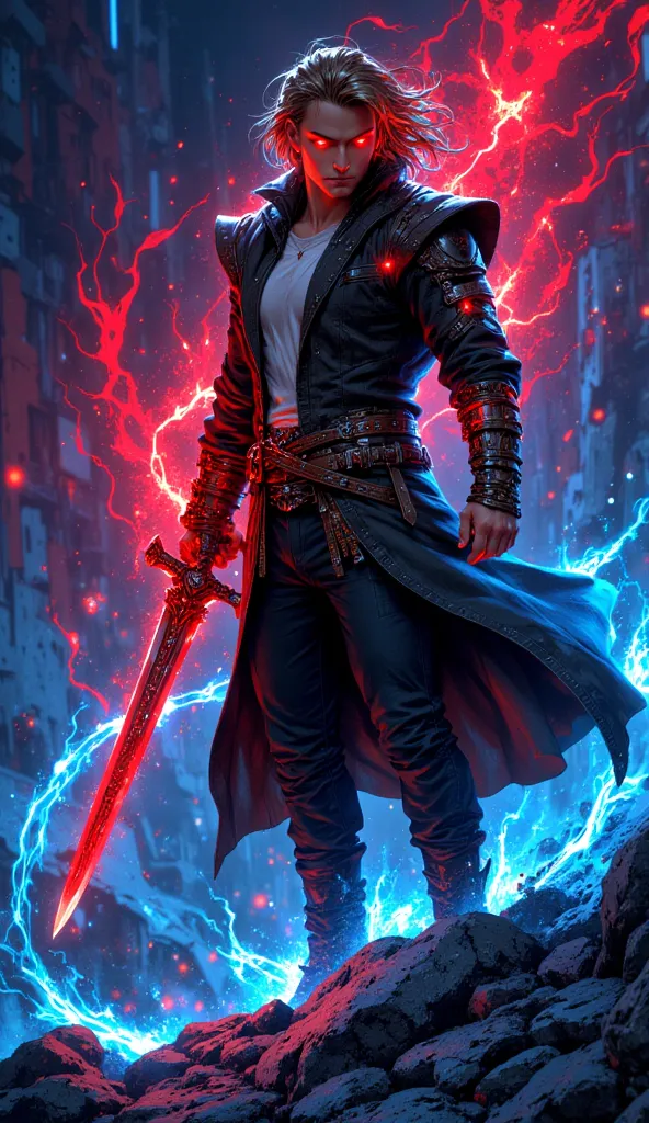 a young man of about 20 years of age, dress in cino pants and also slim fit shirt, wielding a sword that can absorb energy, with a glowing aura of red and blue encircling around it, and also has eyes that glow red and blue.