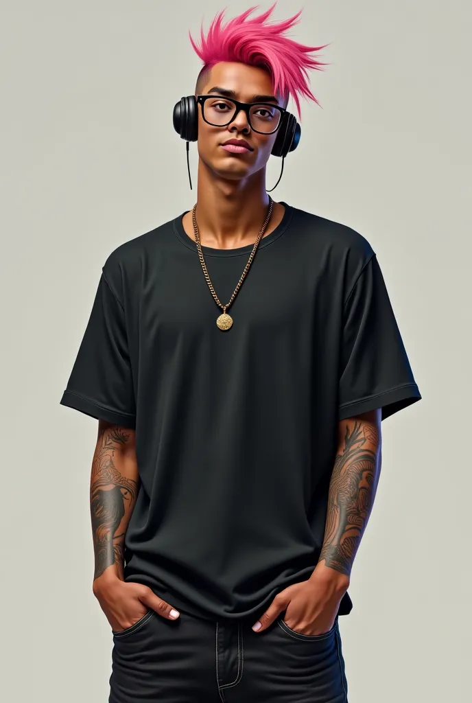 A 20-year-old guy with a tattoo on his smooth-haired body with pink tuft, brown skin, ear mufflers and glasses, black shirt and black jeans and realistic flip flops,real