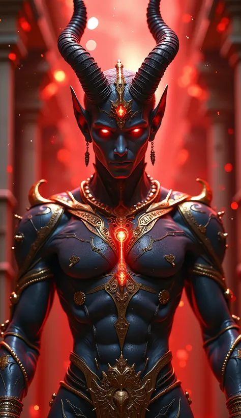 A hyper-realistic depiction of a divine yet terrifying alien-like demon, focusing on its majestic face and powerful torso. Its exuberant horns spiral like sculpted obsidian, adorned with glowing crimson runes that pulse with an eerie energy. Its piercing, ...