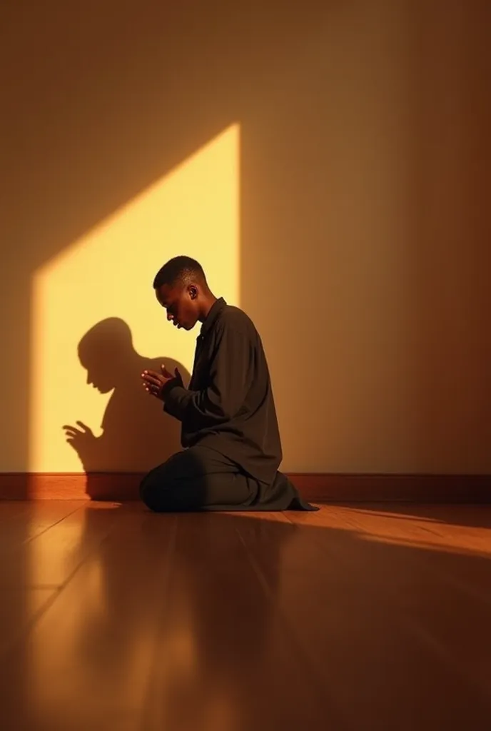 Visual Description: Dalil kneels in prayer in a simple, serene room, illuminated by soft, warm light, reflecting hope and introspection.

Prompt for Image Generation:

"Dalil a Muslim , a young Nigerian man with a chocolate complexion, kneels in prayer in ...