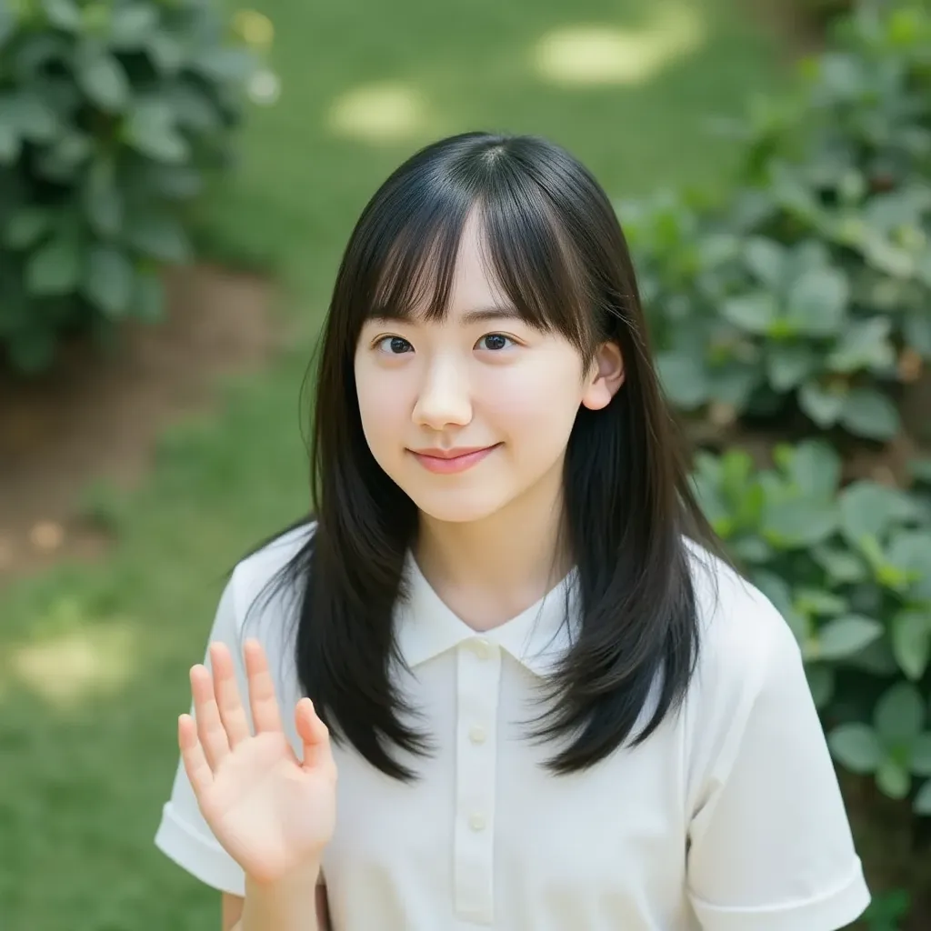 elementary school girl wearing an naked polo shirt, long hair, upper body, ((from above, high angle, higher angle, looking up)), (10yo girl, small chest:1.3), park
