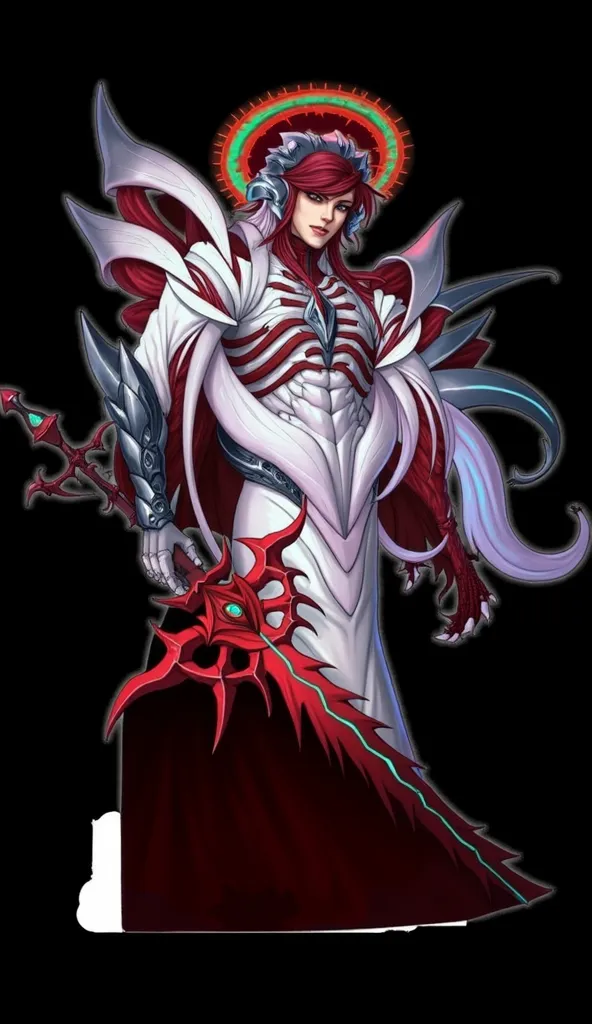 “A celestial warrior with an imposing, ethereal presence stands tall, clad in an intricate fusion of organic and armored elements. His armor is sleek and elegant, primarily white with red and black accents, featuring sharp, curved protrusions that resemble...