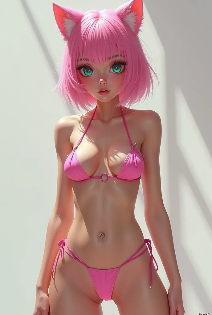 Naked neko girl, pin nipples, pink vagina/pussy, pink long hair, green bright eyes, long eye lashes, 1,56 Cm, Tiny-medium boobs, Big-giant butt, athletic body, NSFW