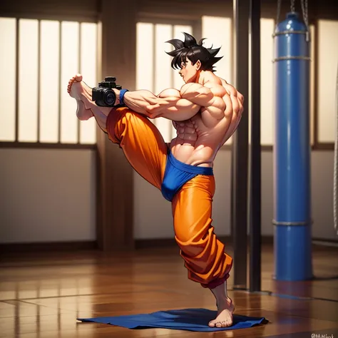 ( A detailed drawing of goku , Gymnastik room fighting .), With a naked torso, red fundoshi , huge muscular body, shredderd Body, big Bizeps, big shoulders, Muscle legs,abs, Barefoot,auf einer Matte in der  Turnhalle, high step, Full body image, side chest...