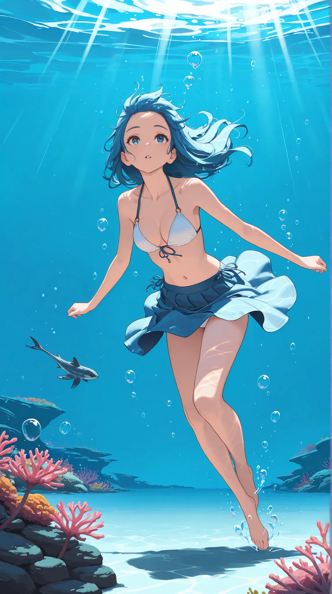 High resolution, Super detailed, Best Quality, masterpiece, 8K, 4K, beautiful background, the best aesthetics, (flat color:0.6), 1girl, underwater, ocean, swimming, joyful expression, blue hair, white bikini top, flowing blue maxi skirt, bubbles, sunrays t...