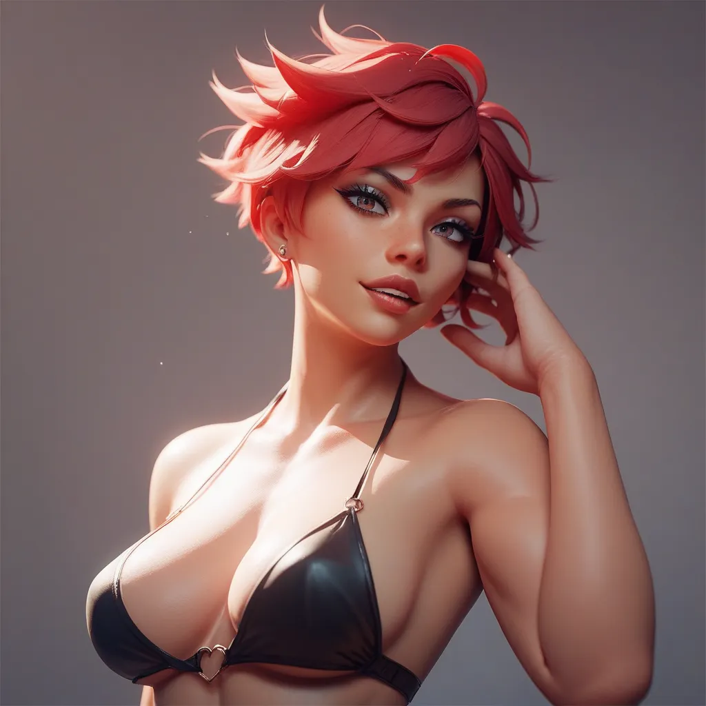 sexy woman; red hair; short hair; big tits; black bikini; dark red background 