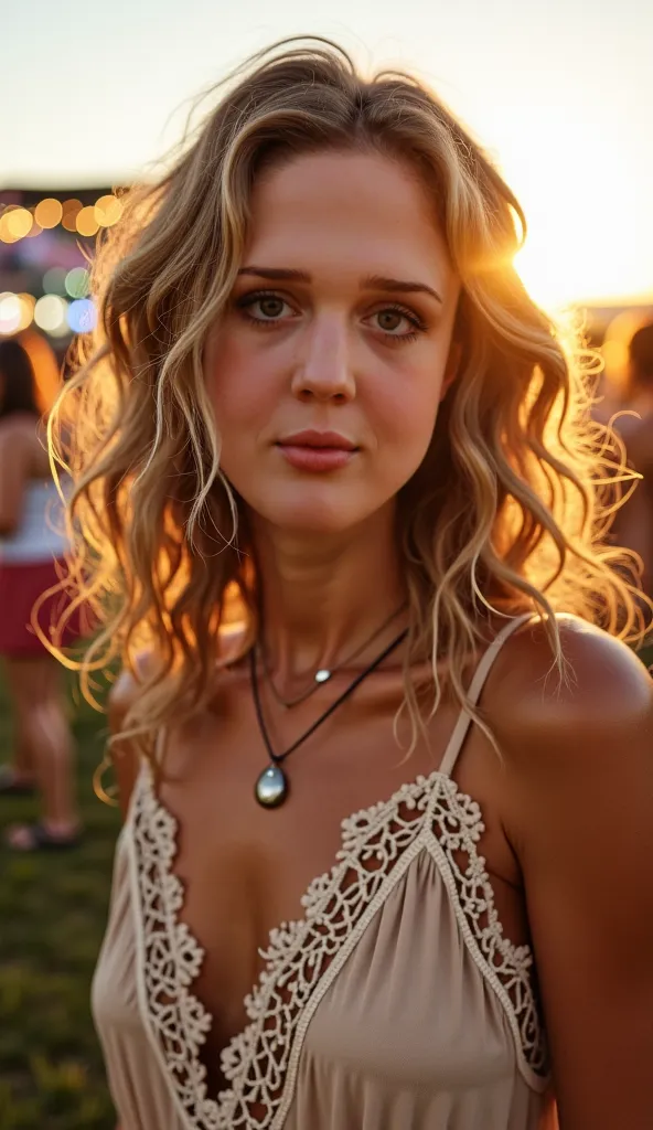 Vu du corps complet d'une belle jeune femme aux yeux bleus perçants, vêtue d'une robe bohème fluide aux teintes terreuses – beige, ocre et marron – avec des motifs subtils en dentelle et broderie. Elle se tient dans un festival de musique en plein air, bai...