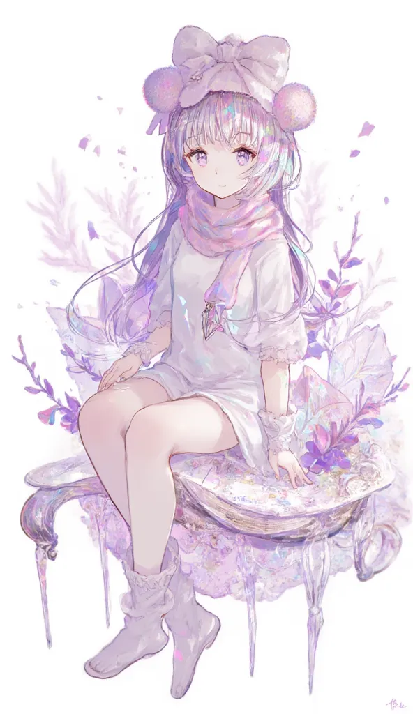 a portrait of a beautiful, slim and tall anime girl with long grey and purple hair. She wears white t-shirt with white slippers and a short white skirt. Her eyes have heart pupils. She also wears a light pink scarf.  Detailed anime art. Shadowverse style. ...