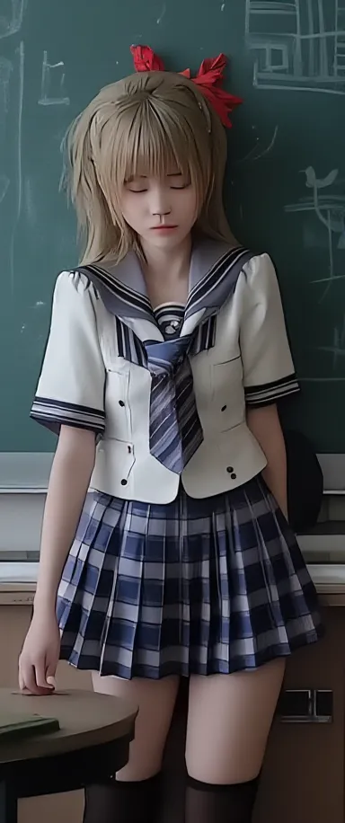 arafed Ella Freya woman, waifu, bending on teacher desk, miniskirt, christmas decorations in the classroom, sexy uniform, in a  posing in front of a blackboard with christmas decorations, a hyperrealistic schoolgirl, hyperrealistic , waifu, cyber school gi...