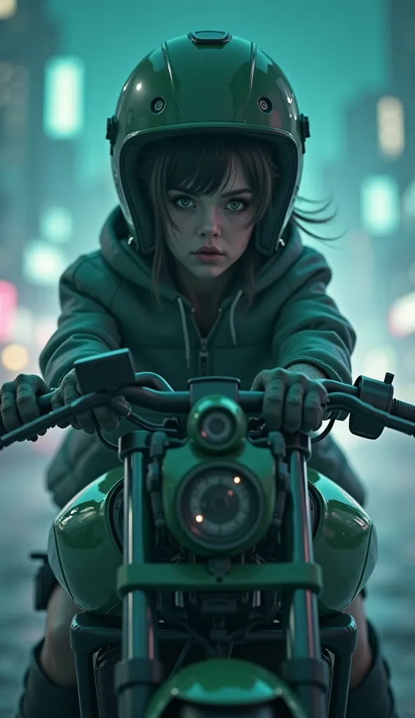 highest image quality,  details pendentes, Ultra-high resolution, ( realism: 1.4), The best illustration, Please, details, 1girl highly condensed,  with a delicate and beautiful face , dressed in a black and green wick , wearing a wick helmet , holding a d...